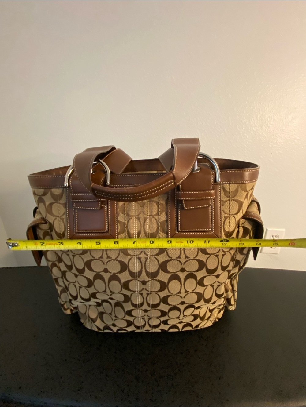 Coach Brown Signature Canvas Travel bag with Leather Trim and side pockets - Picture 9 of 16